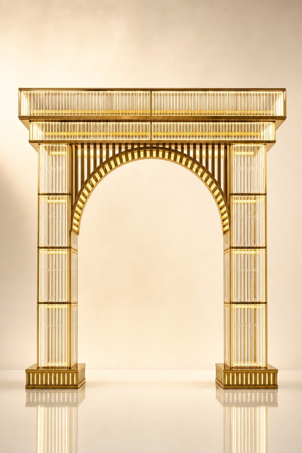 Grand illuminated gold arch with glass rod columns