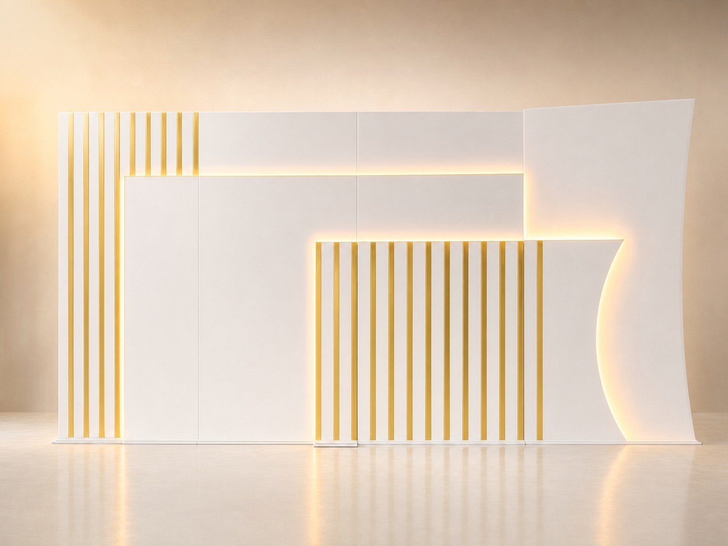 Geometric white and gold striped backdrop with warm amber LED glow