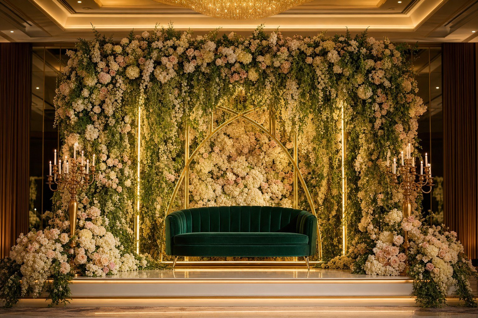 Grand emerald and floral backdrop stage with velvet couch, gold arch and cascading roses