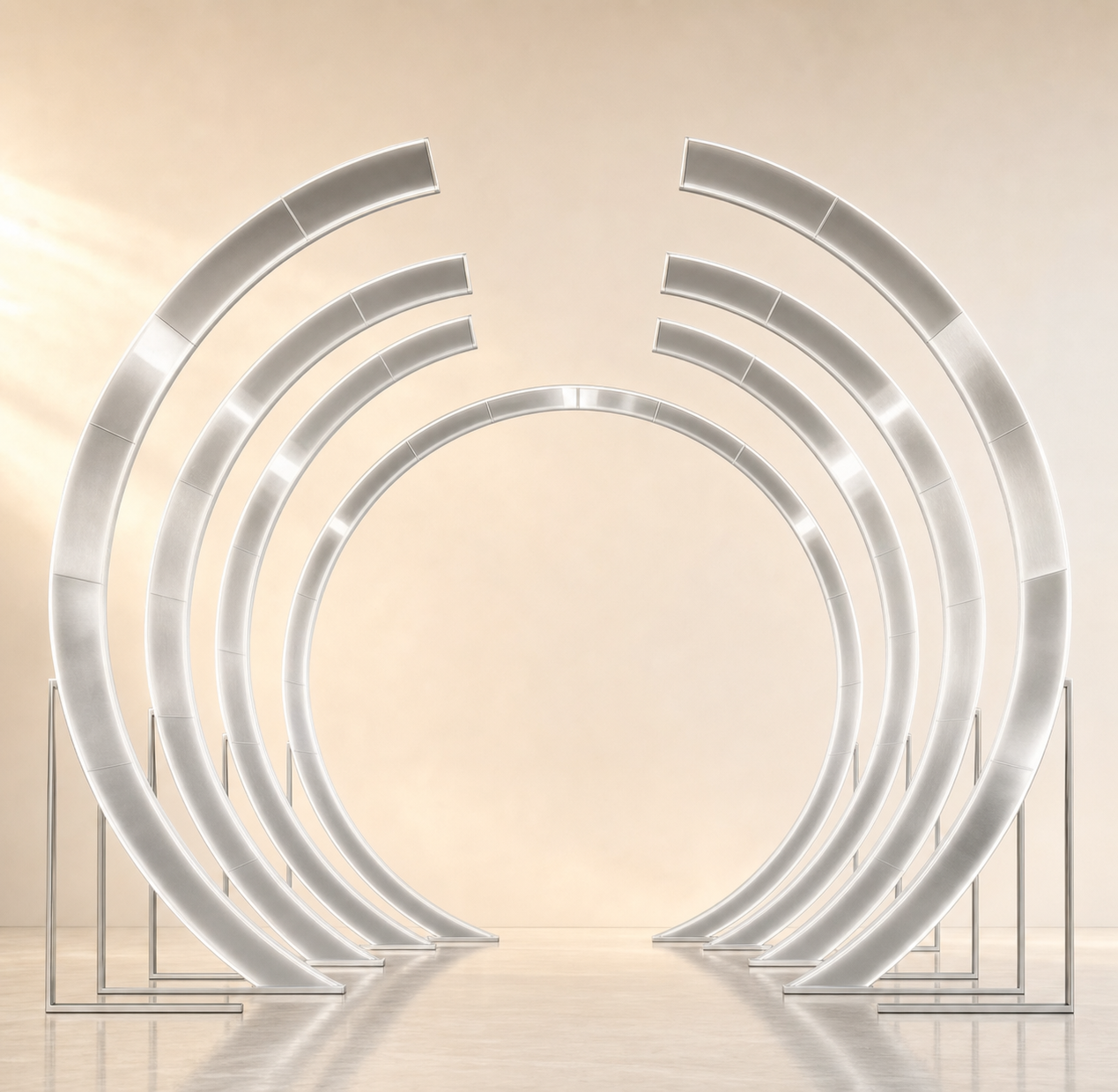 Silver acrylic circle walkway with concentric curved arches