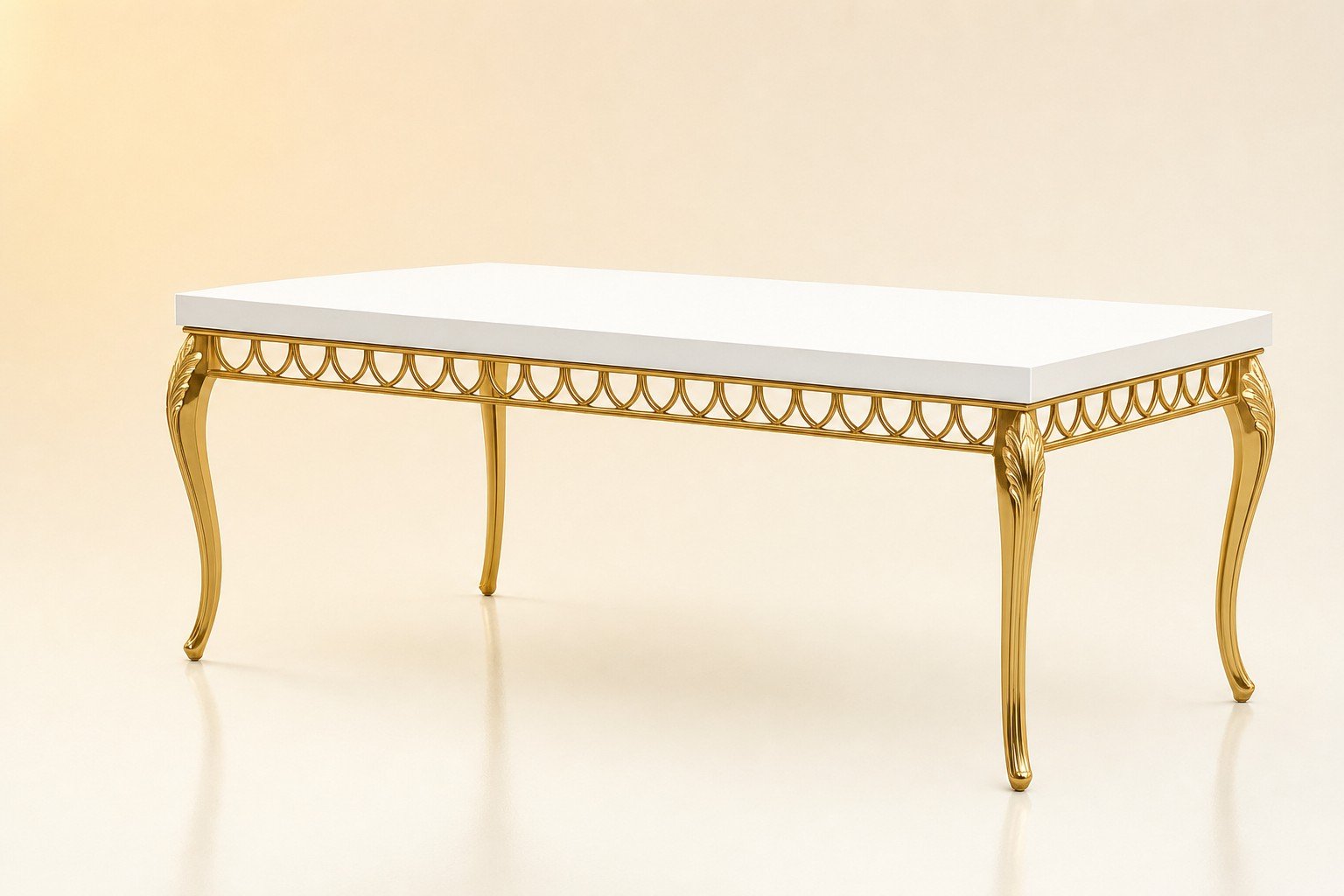 Rectangular white mirror-top cake table with gold accents
