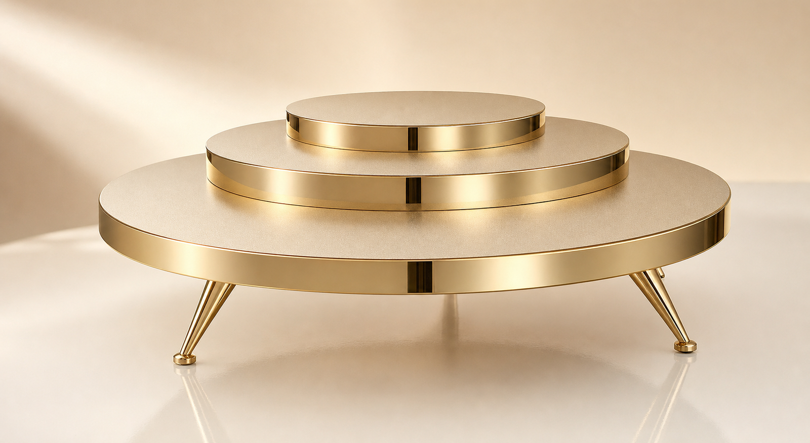 Three-tier round gold cake display stand with tapered legs