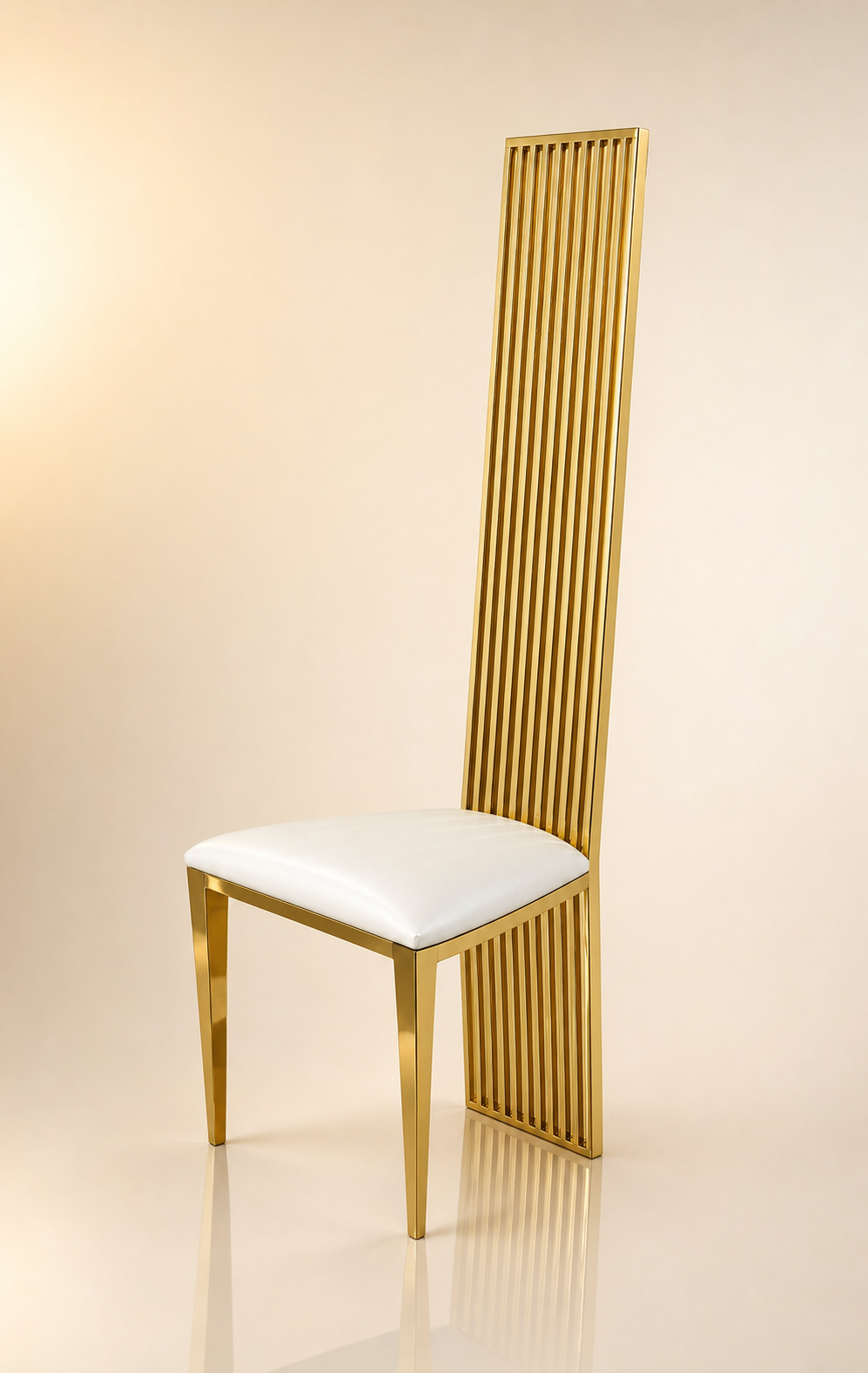 Tall high-back luxury dining chair with vertical gold rod backrest and white leather seat