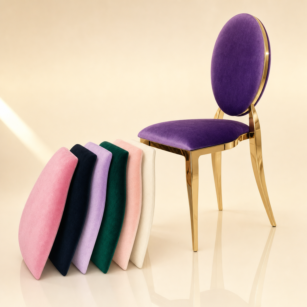 Louis Dior chair with oval velvet back and gold frame, available in six velvet colors