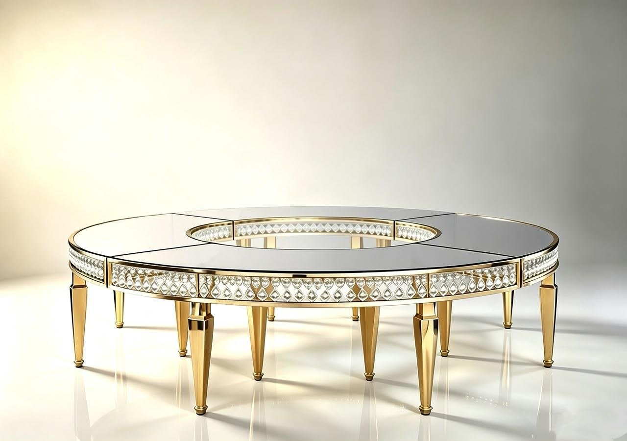 Round mirror-top banquet table with gold frame, ornate turned legs, and crystal bead trim