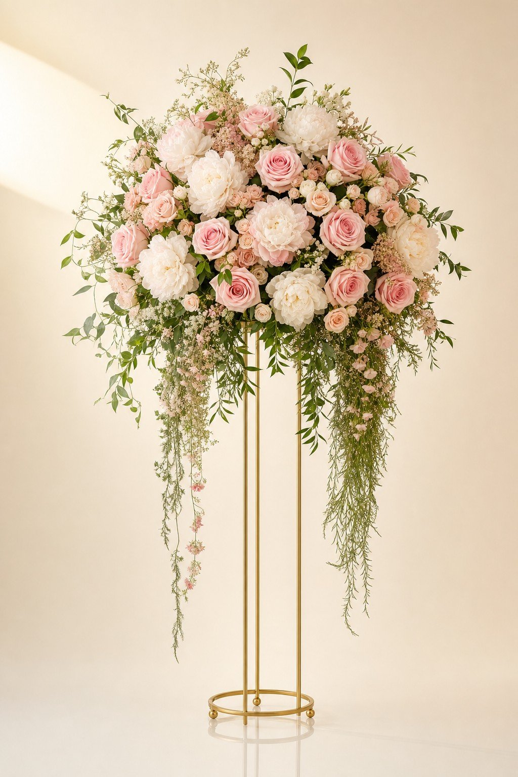 Cascading blush and cream floral pedestal arrangement