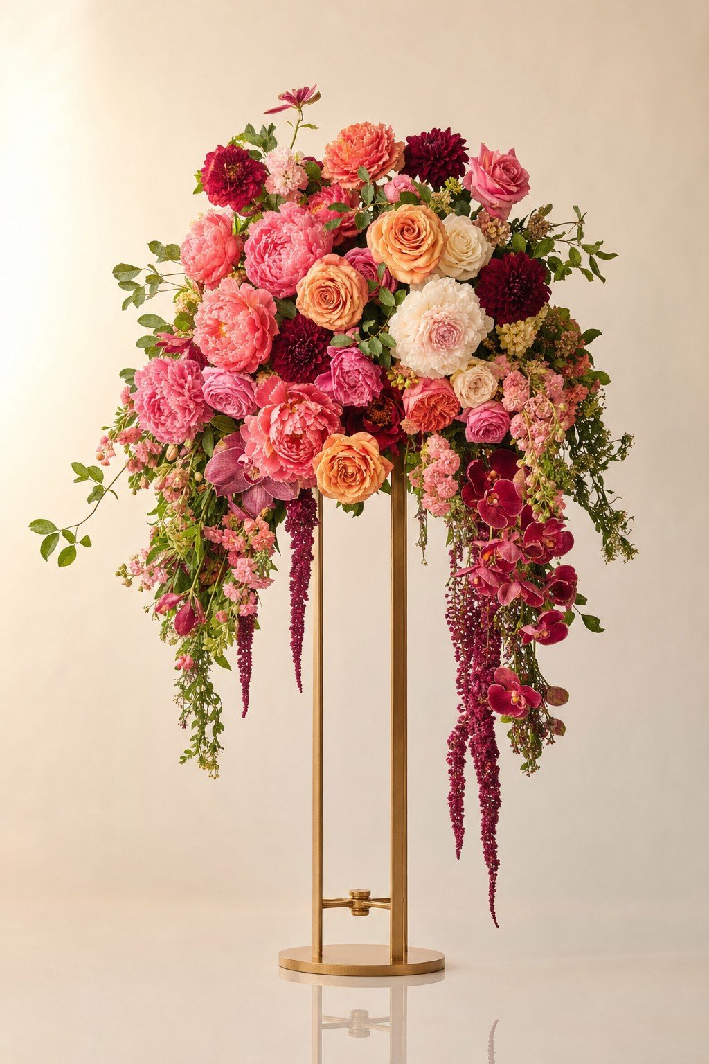 Vibrant mixed floral cascade in coral, blush and burgundy