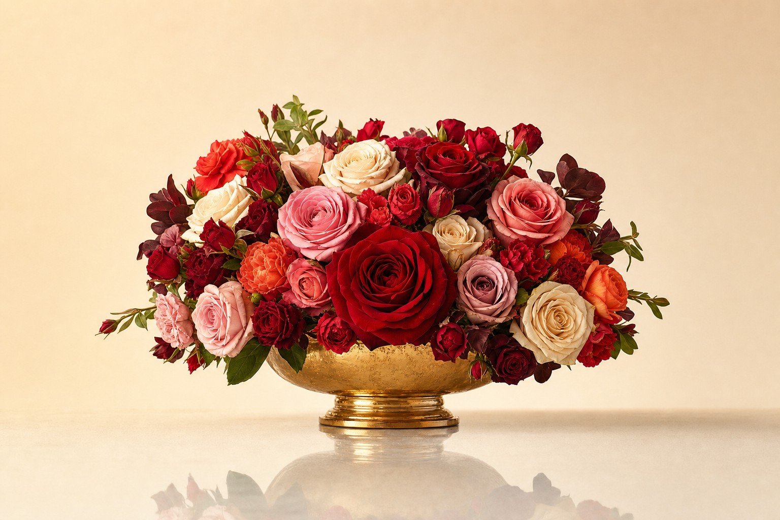 Low urn centerpiece with red, pink and cream roses