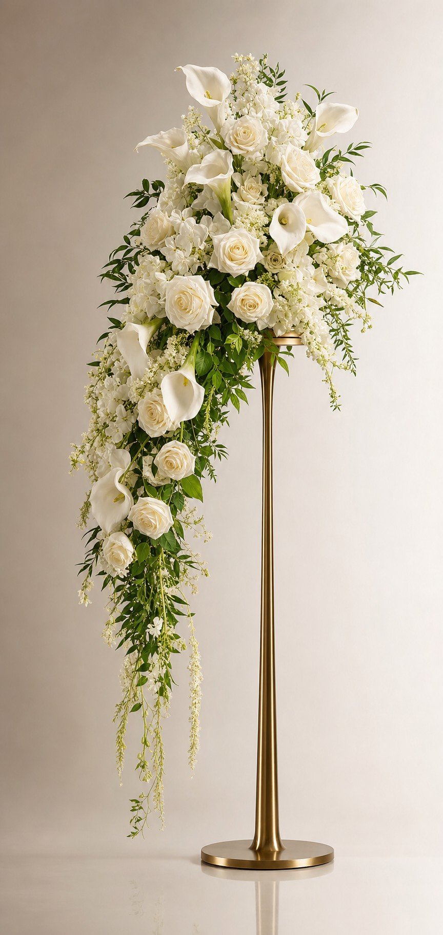 Cascading white floral pedestal arrangement