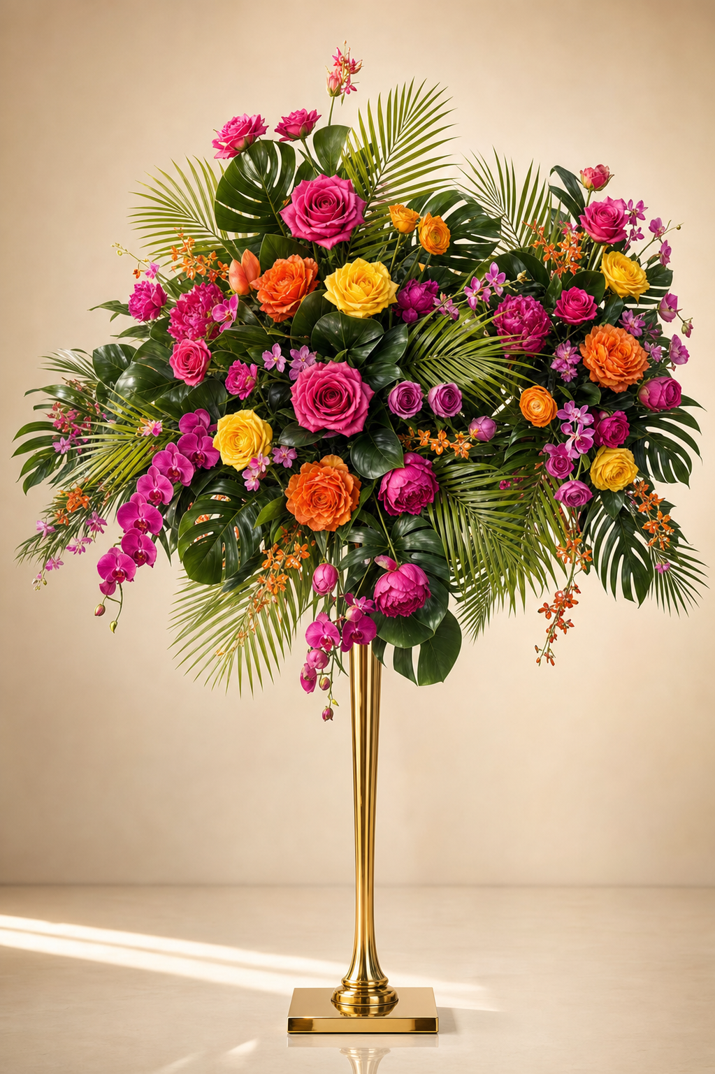 Vibrant tropical floral pedestal with hot pink, orange and yellow roses, orchids and monstera leaves