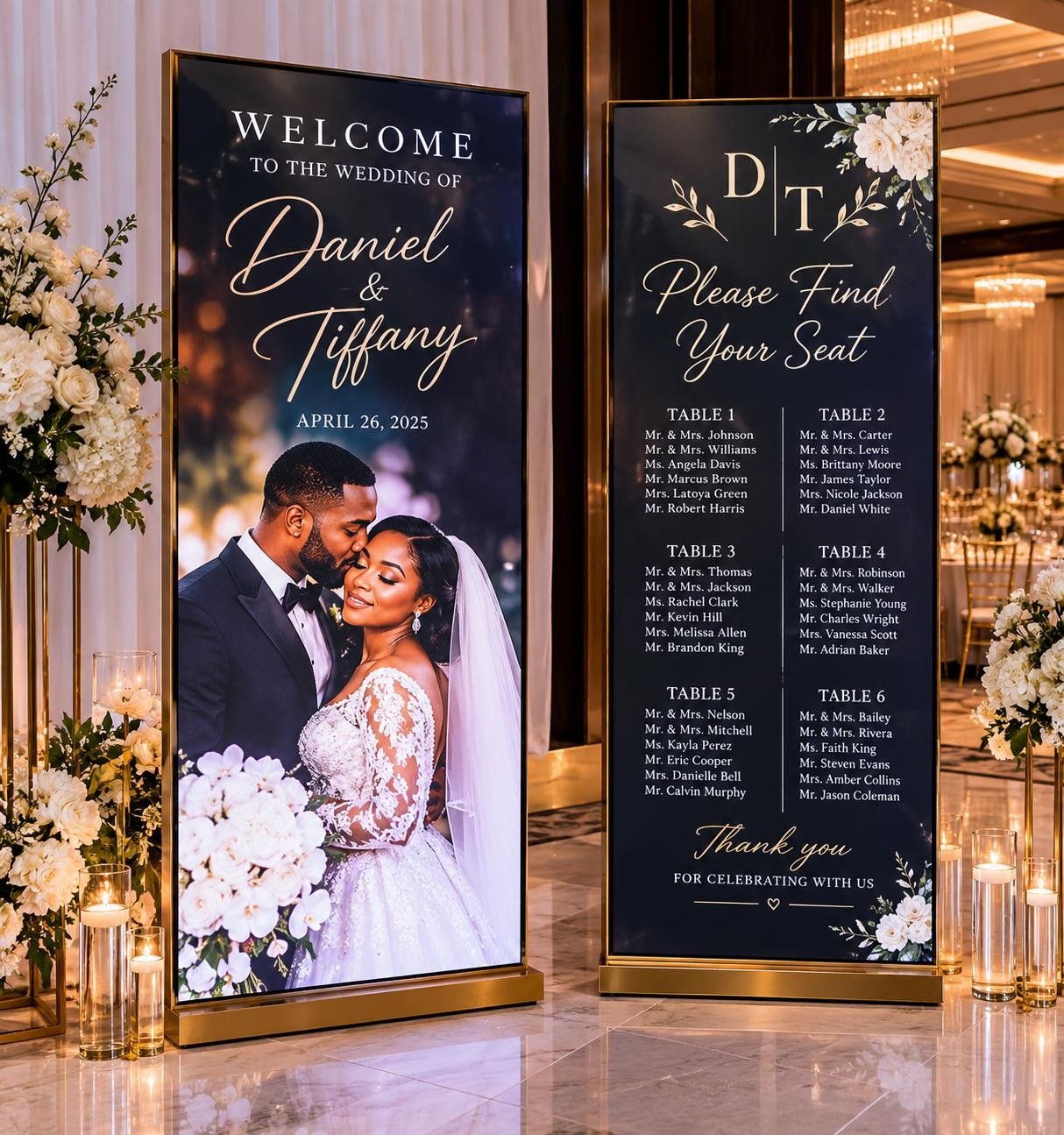 Pair of tall gold-framed LED signs showing a wedding welcome display and seating chart