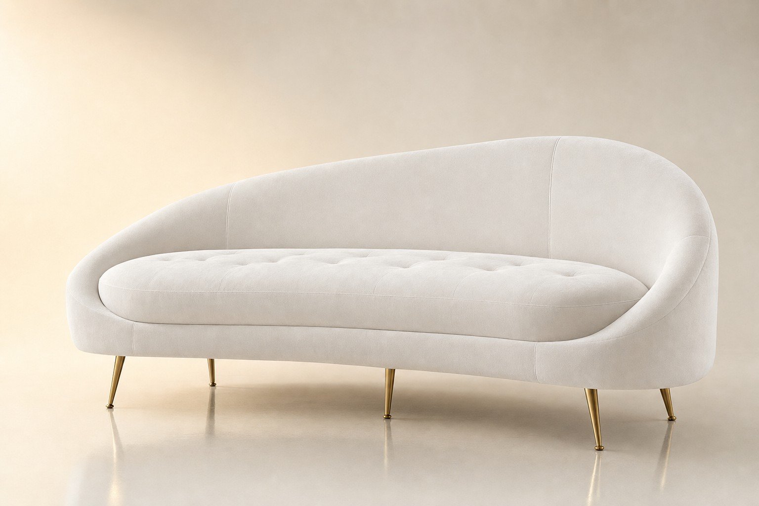 Curved white velvet loveseat with gold legs
