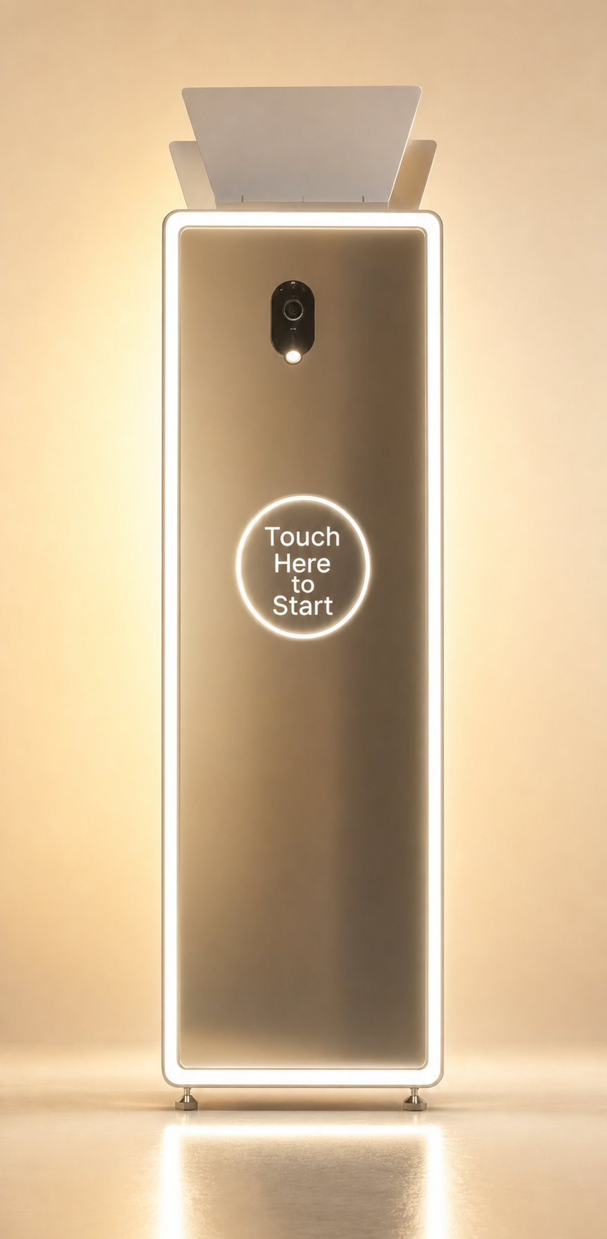 LuxeAura Mirror photo booth with white LED border and touch-to-start prompt
