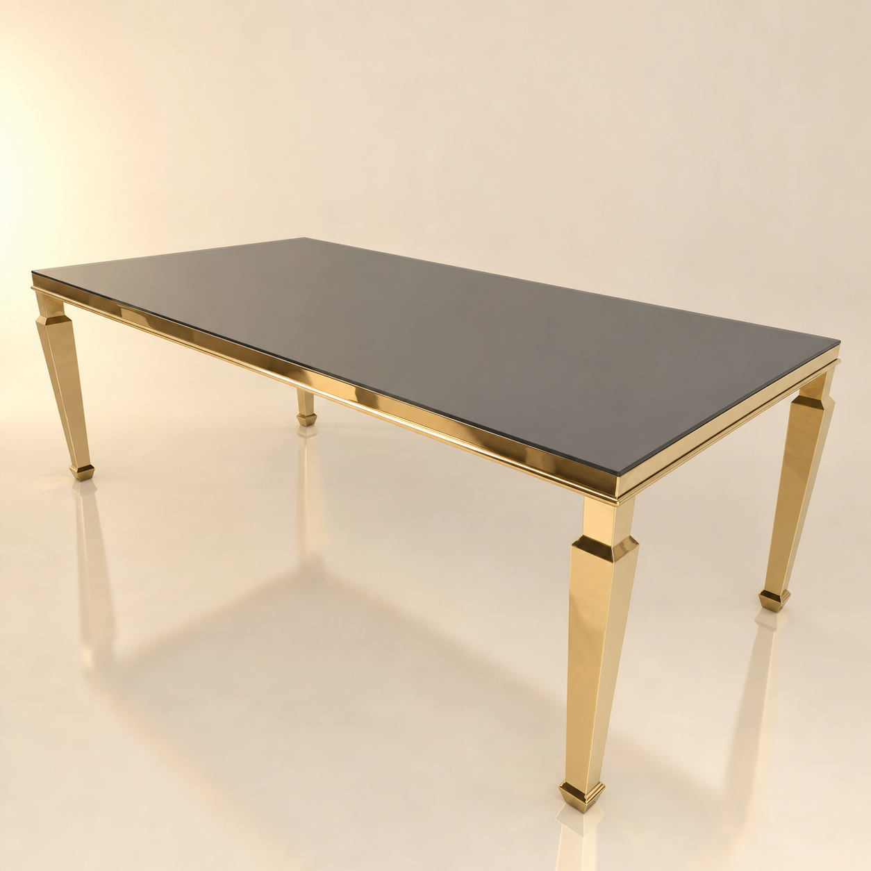 Rectangular gold-framed dining table with smoked black glass top