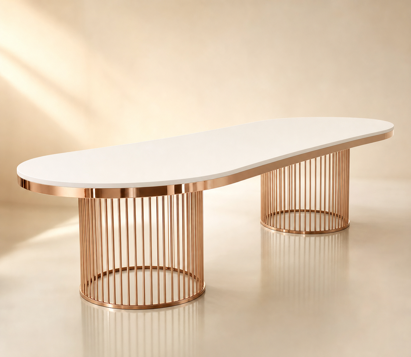 Curved white serpentine banquet table with rose gold cage drum bases