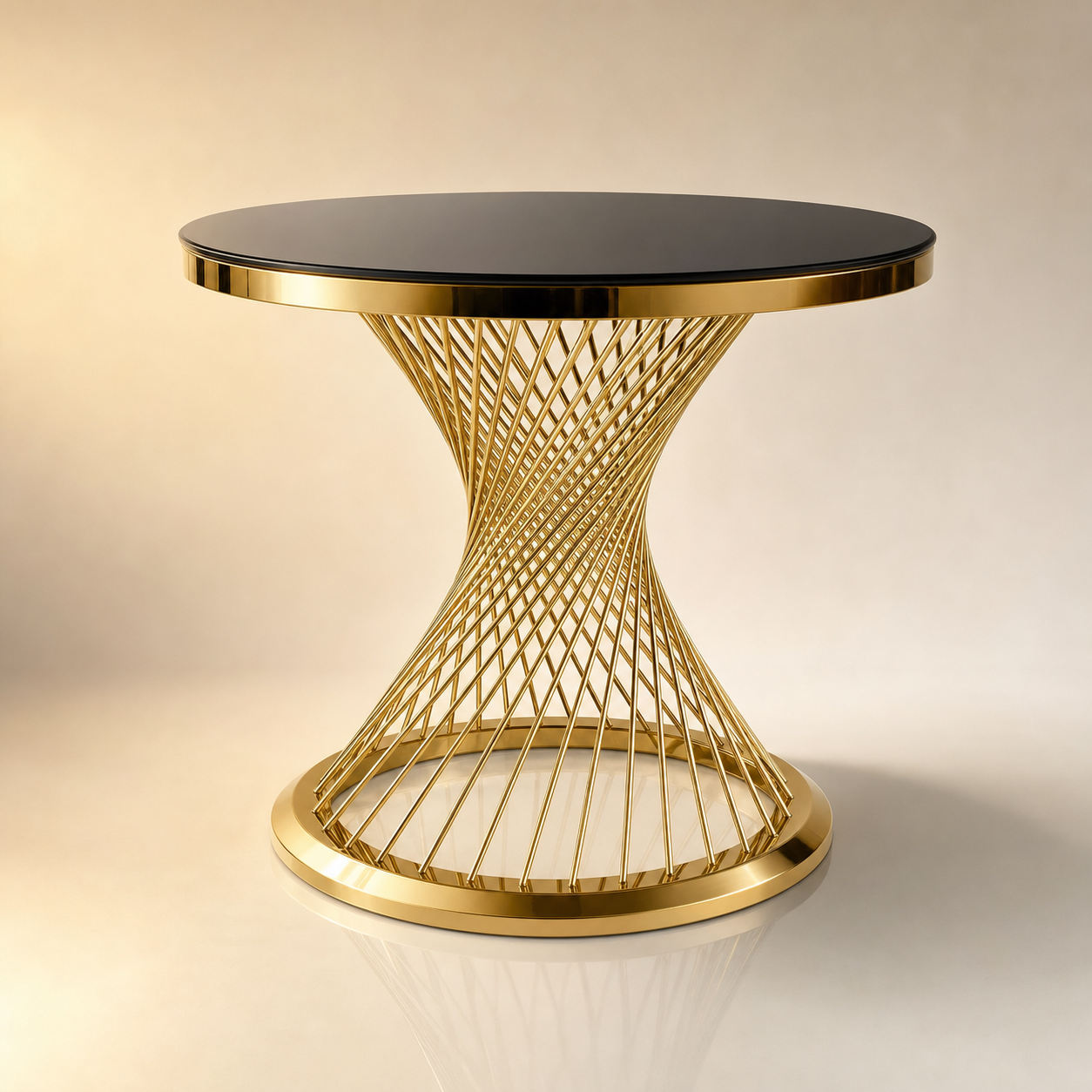 Round gold spiral cocktail table with mirror-black glass top and twisted gold rod base