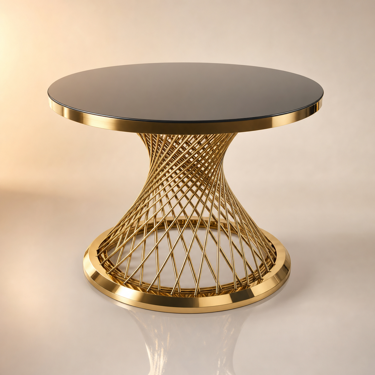 Round gold spiral dining table with mirror-black glass top and twisted gold rod base