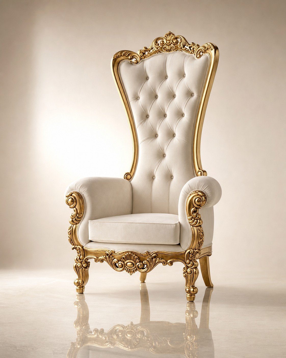 Gold baroque throne chair with tall rounded tufted ivory back