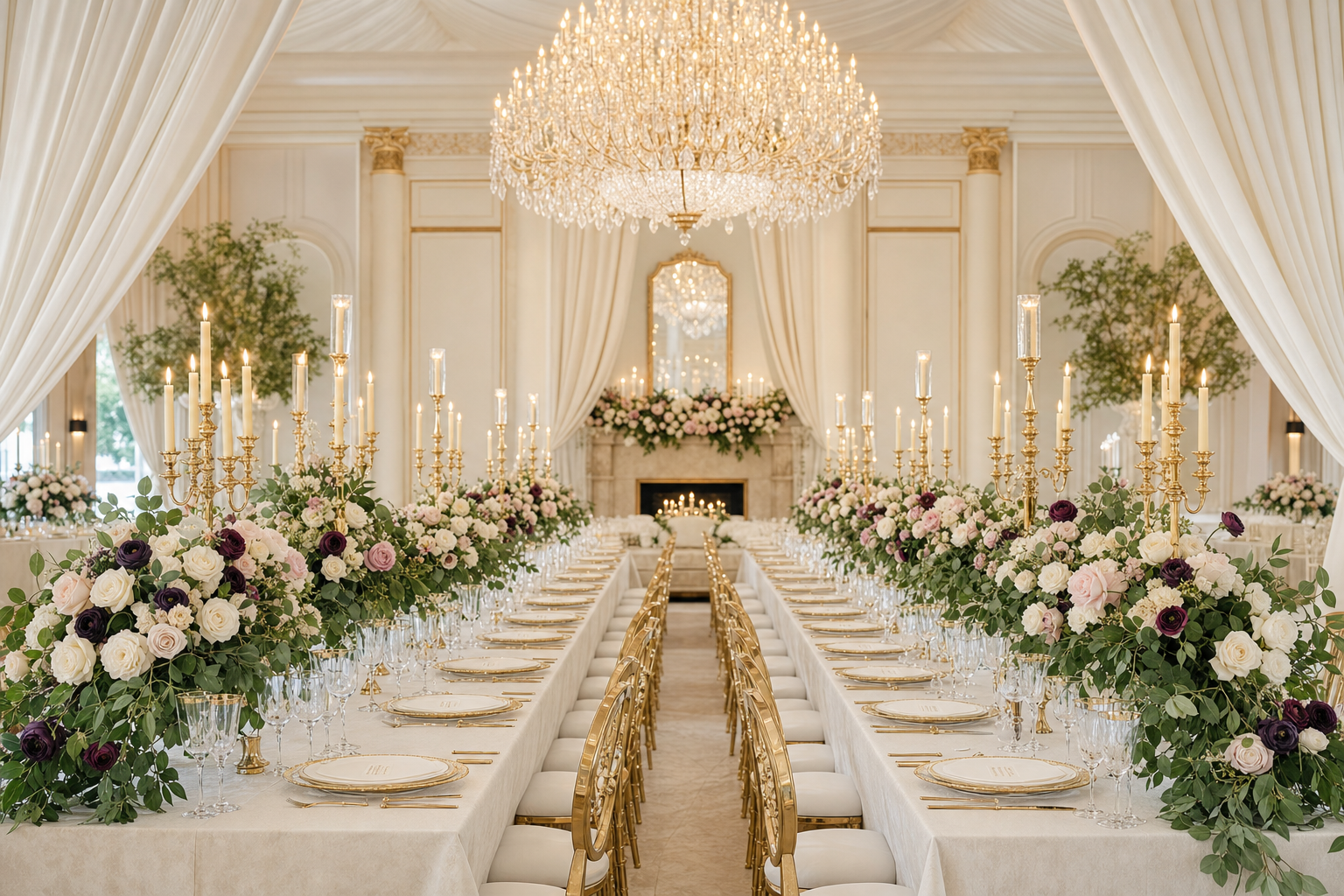 A LuxeAura luxury ballroom reception with gold O-back chairs, tall gold candelabras, and cascading ivory florals